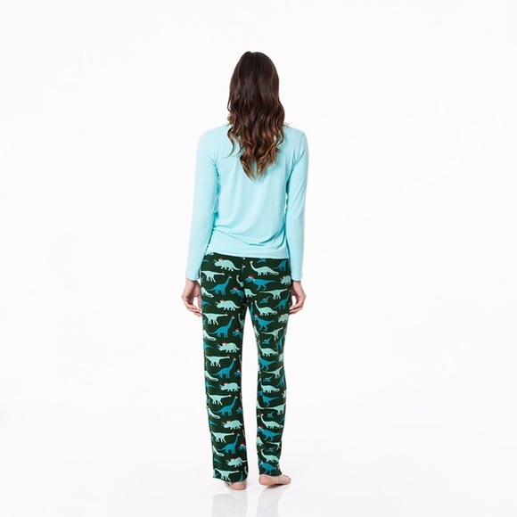 Kickee Pants Santa Dinos Women’s Loosey Goosey Teal Green Holiday Pajama Set - Picture 2 of 6